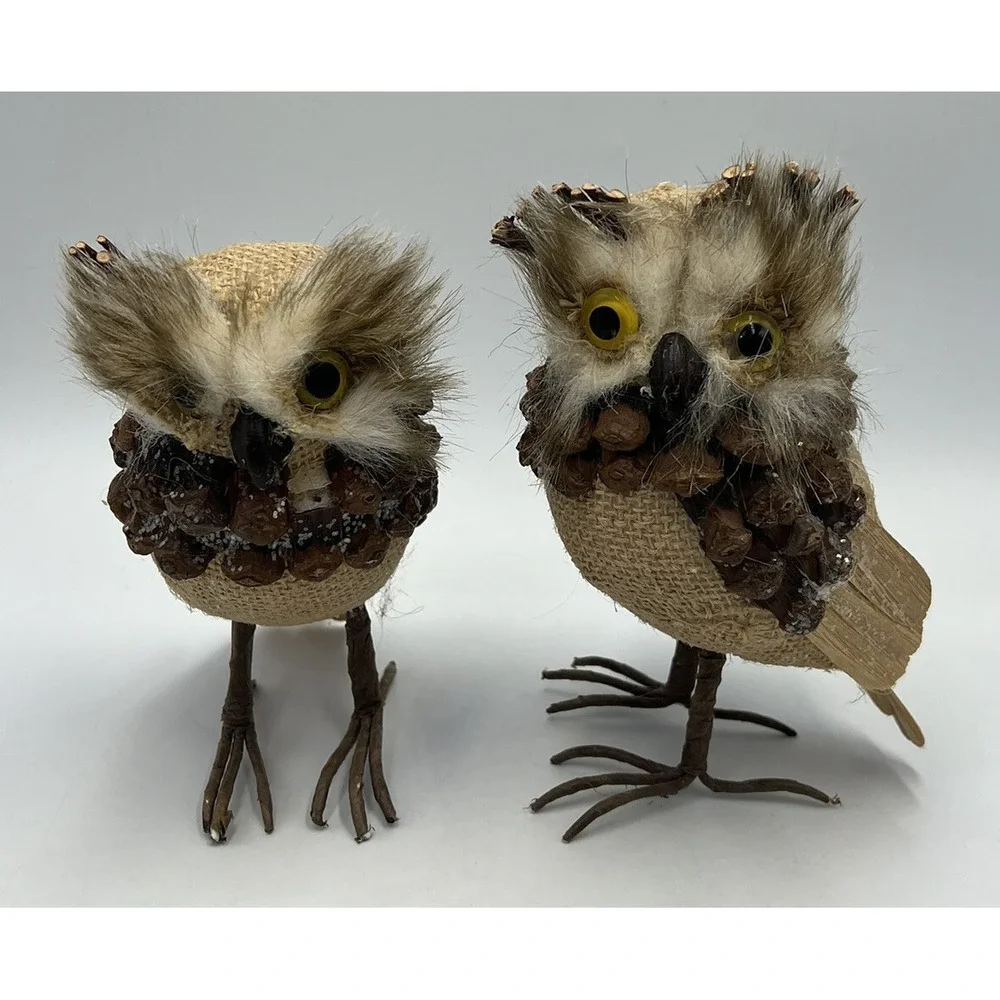 Pair of Pier 1 Owls Pinecones Sticks Twigs Feathers Figures Decor 6